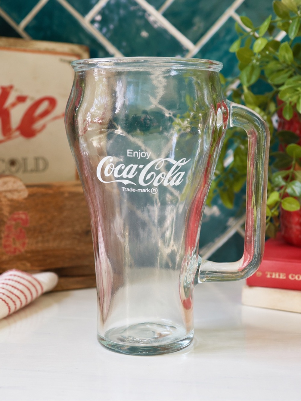 Coca-Cola Enjoy Coke Glass Mug w/ Handle Clear 6” Collectible